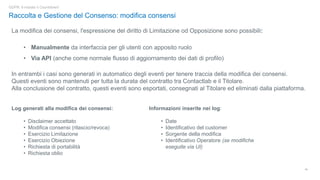 13
GDPR: è iniziato il Countdown!
Raccolta e Gestione del Consenso: modifica consensi
La modifica dei consensi, l'espressione del diritto di Limitazione od Opposizione sono possibili:
• Manualmente da interfaccia per gli utenti con apposito ruolo
• Via API (anche come normale flusso di aggiornamento dei dati di profilo)
In entrambi i casi sono generati in automatico degli eventi per tenere traccia della modifica dei consensi.
Questi eventi sono mantenuti per tutta la durata del contratto tra Contactlab e il Titolare.
Alla conclusione del contratto, questi eventi sono esportati, consegnati al Titolare ed eliminati dalla piattaforma.
Informazioni inserite nei log:
• Date
• Identificativo del customer
• Sorgente della modifica
• Identificativo Operatore (se modifiche
eseguite via UI)
Log generati alla modifica dei consensi:
• Disclaimer accettato
• Modifica consensi (rilascio/revoca)
• Esercizio Limitazione
• Esercizio Obiezione
• Richiesta di portabilità
• Richiesta oblio
 