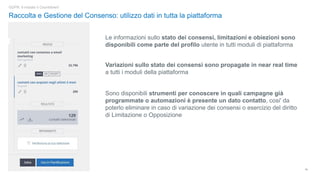 15
GDPR: è iniziato il Countdown!
Raccolta e Gestione del Consenso: utilizzo dati in tutta la piattaforma
Le informazioni sullo stato dei consensi, limitazioni e obiezioni sono
disponibili come parte del profilo utente in tutti moduli di piattaforma
Variazioni sullo stato dei consensi sono propagate in near real time
a tutti i moduli della piattaforma
Sono disponibili strumenti per conoscere in quali campagne già
programmate o automazioni è presente un dato contatto, cosi' da
poterlo eliminare in caso di variazione dei consensi o esercizio del diritto
di Limitazione o Opposizione
 
