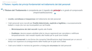 6
GDPR: è iniziato il Countdown!
Il Titolare: rispetto dei principi fondamentali nel trattamento dei dati personali
Il Titolare del Trattamento è competente per il rispetto dei principi e in grado di comprovarlo
(responsabilizzazione)
• Liceità, correttezza e trasparenza nel trattamento dei dati personali
• I dati personali sono raccolti per finalità determinate, esplicite e legittime, e successivamente
trattati in modo che non sia incompatibili con tali finalità
o Minimizzazione dei dati raccolti rispetto alle finalità
o Esattezza: devono essere adottate tutte le misure ragionevoli per cancellare o rettificare
tempestivamente i dati inesatti rispetto alle finalità per le quali sono trattati
• I dati sono conservati in una forma che consenta l'identificazione degli Interessati per un arco di
tempo non superiore al conseguimento delle finalità per le quali sono trattati
• I dati sono trattati in maniera da garantire un'adeguata sicurezza dei dati personali
“
”
 