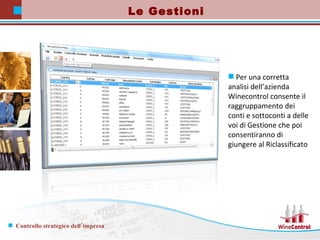 Per una corretta analisi dell’azienda Winecontrol consente il raggruppamento dei conti e sottoconti a delle voi di Gestione che poi consentiranno di giungere al Riclassificato Le Gestioni 