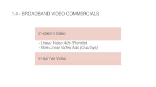 1.4 - BROADBAND VIDEO COMMERCIALS
In-stream Video
- Linear Video Ads (Prerolls)
- Non-Linear Video Ads (Overlays)
In-banner Video
 