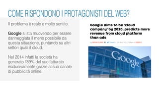 Il problema è reale e molto sentito.
Google si sta muovendo per essere
danneggiata il meno possibile da
questa situazione, puntando su altri
settori quali il cloud.
Nel 2014 infatti la società ha
generato l’89% del suo fatturato
esclusivamente grazie al suo canale
di pubblicità online.
COME RISPONDONO I PROTAGONISTI DEL WEB?
 