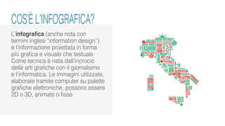 L’infografica (anche nota con
termini inglesi “information design”)
è l’informazione proiettata in forma
più grafica e visuale che testuale.
Come tecnica è nata dall’incrocio
delle arti grafiche con il giornalismo
e l’informatica. Le immagini utilizzate,
elaborate tramite computer su palette
grafiche elettroniche, possono essere
2D o 3D, animate o fisse.
COS’È L’INFOGRAFICA?
 