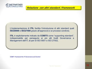 Relazione con altri standard /framework

L’implementazione di ITIL facilita l’introduzione di altri standard quali
ISO20000 e ISO27000 grazie all’approccio e ai processi condivisi.
ITIL è esplicitamente indicato da COBIT5 come “supporting standard”,
indispensabile per perseguire ai più alti livelli Governance e
Management dell’IT, al pari di ISO 9001 e ISO 27002,

COBIT: Framework for IT Governance and Control

Service Operation

10

 