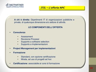 ITIL – L’offerta NPC

A chi è diretta: Dipartimenti IT di organizzazioni pubbliche e
private, di qualunque dimensione e/o settore di attività.
LE COMPONENTI DELL’OFFERTA
•

Consulenza

•
•
•
•

Assessment
Revisione Processi
Supporto a software selection
Supporto a Implementazioni

•

Project Management per implementazioni

•

Formazione
•
•

•

Standard, con opzione certificazione
Mirata, ad uso di progetti ad hoc

Certificazione: associabile ai corsi di formazione

20

 