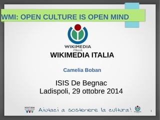 1
WIKIMEDIA ITALIA
Camelia Boban
ISIS De Begnac
Ladispoli, 29 ottobre 2014
WMI: OPEN CULTURE IS OPEN MIND
 