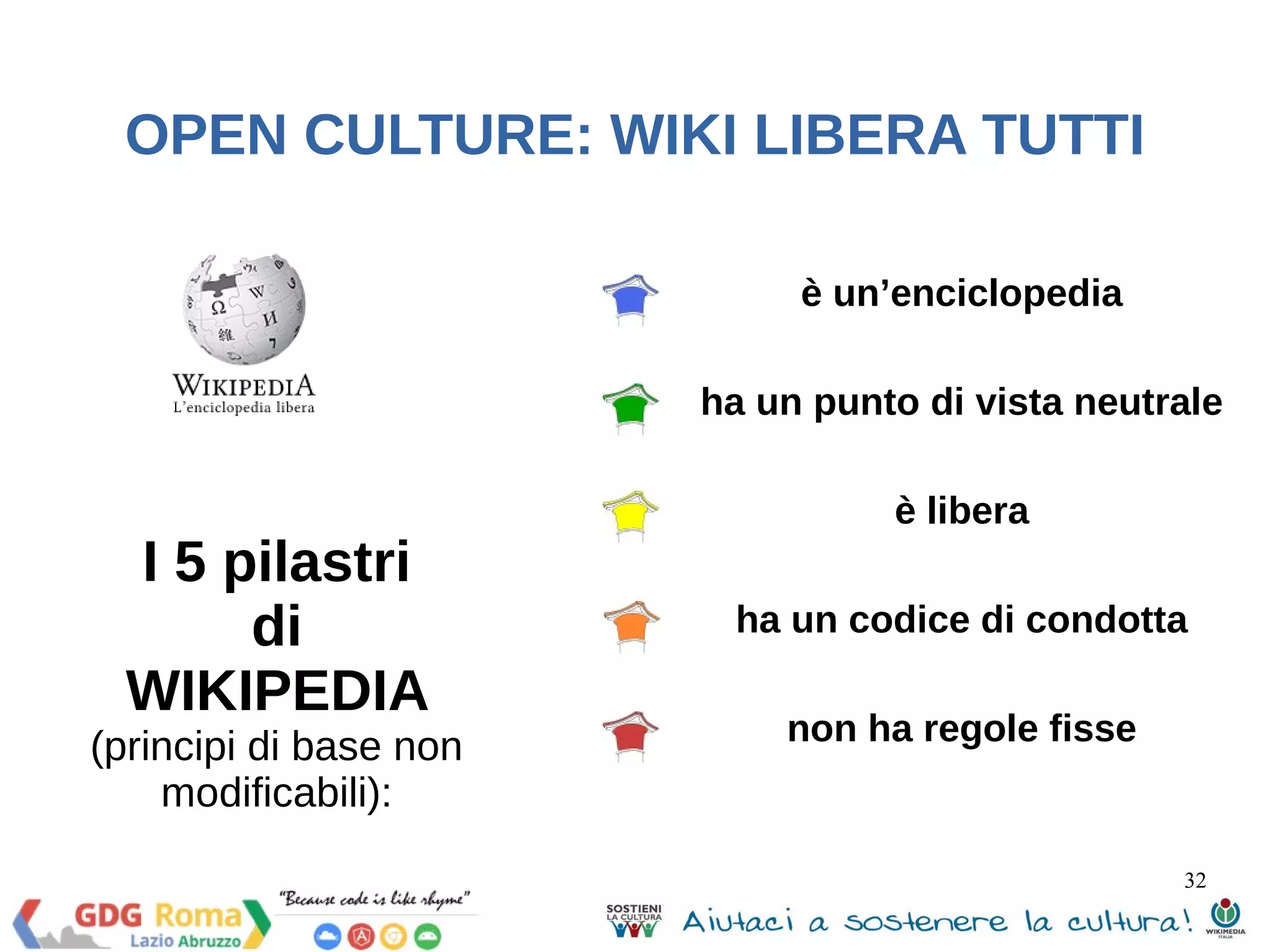 32 
OPEN CULTURE: WIKI LIBERA TUTTI 
I 5 pilastri 
di 
WIKIPEDIA 
(principi di base non 
modificabili): 
è un’enciclopedia 
ha un punto di vista neutrale 
è libera 
ha un codice di condotta 
non ha regole fisse 
 