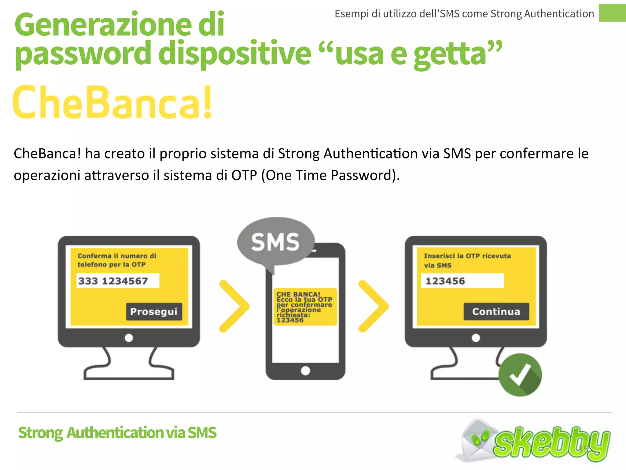 Generazione di
password dispositive “usa e getta”
Esempi di utilizzo dell’SMS come Strong Authentication
CheBanca! ha creato il proprio sistema di Strong Authentication via SMS per confermare le
operazioni attraverso il sistema di OTP (One Time Password).
Strong AuthenticationviaSMS
15
 