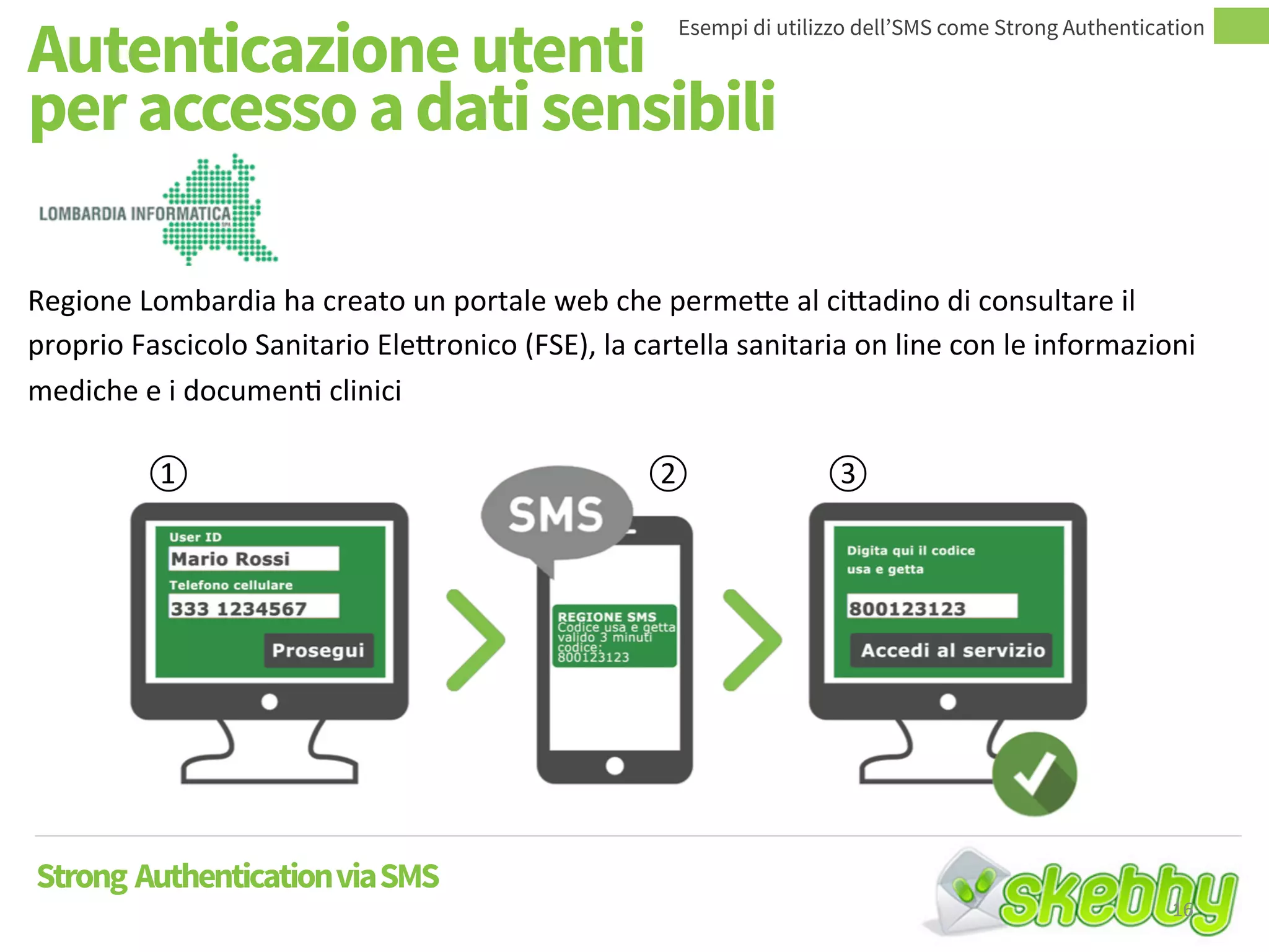Autenticazione utenti
per accesso a dati sensibili
Esempi di utilizzo dell’SMS come Strong Authentication
Regione Lombardia ha creato un portale web che permette al cittadino di consultare il
proprio Fascicolo Sanitario Elettronico (FSE), la cartella sanitaria on line con le informazioni
mediche e i documenti clinici
① . ② . ③ .
Strong AuthenticationviaSMS
16
 