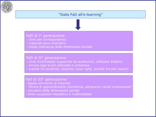 “ Dalla FaD all’e-learning”  FaD di I° generazione: - corsi per corrispondenza - materiali poco interattivi - totale mancanza della dimensione sociale  FaD di II° generazione: - corsi multimediali supportati da audiovisivi, software didattici - ancora oggi la più utilizzata e compresa - scambi tra studente, docente, tutor rigidi, scambi tra pari assenti FaD di III° generazione: - legata all’evento di Internet - “forma di apprendimento interattiva, attraverso canali multimediali” recupero della dimensione sociale forte vocazione interattiva e multimediale 