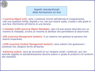 I Learning Object (LO):  sono i contenuti minimi dell’attività di insegnamento, cioè una qualsiasi entità, digitale o no, che può essere usata, riusata o alla quale si può fare riferimento all’interno di una lezione. I metadati (LOM-Learning Object Metadata):  ogni LO può essere descritto con un insieme di metadati, ovvero un insieme di attributi che permettono di descriverlo LMS (Learning Management System):  è un sistema che gestisce le persone che stanno imparando. LCMS (Learning Content Management System):  sono sistemi che gestiscono i contenuti che vengono forniti all’utente. Authoring system:  sono gli strumenti di cui vengono creati i contenuti, pur non essendo oggetto di standardizzazione devono essere in grado di produrre LO conformi allo standard. Aspetti standardizzati della formazione on-line 