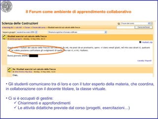 Il Forum come ambiente di apprendimento collaborativo  Gli studenti comunicano tra di loro e con il tutor esperto della materia, che coordina, in collaborazione con il docente titolare, la classe virtuale. Ci si è occupati di gestire: Chiarimenti e approfondimenti  Le attività didattiche previste dal corso (progetti, esercitazioni…) 