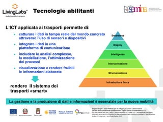 L’ICT applicata ai trasporti permette di: 
catturare i dati in tempo reale del mondo concreto attraverso l'uso di sensori e dispositivi 
integrare i dati in una piattaforma di comunicazione 
includere le analisi complesse, la modellazione, l'ottimizzazione dei processi 
visualizzazione e rendere fruibili le informazioni elaborate 
rendere il sistema dei trasporti «smart» 
Tecnologie abilitanti 
La gestione e la produzione di dati e informazioni è essenziale per la nuova mobilità  