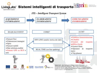 ACQUISIZIONE INFORMAZIONI 
ELABORAZIONE INFORMAZIONI 
COMUNICAZIONE INFORMAZIONI 
Sensori fissi 
Elaborazioni immagini 
Spire 
Sensori mobili 
Dati telefonia mobile 
Sistemi GPS su BUS e auto 
DA QUALI FONTI? 
COME? 
A CHI? 
ITS – Intelligent Transport System 
OFF-LINE (analisi storica dei dati) 
REAL TIME (on-line updating) 
Pubblica Amministrazione 
Cittadini 
Gestori del trasporto pubblico locale 
Gestori flotte 
Operatori di trasporto merci 
Trip planner 
Sistemi intelligenti di trasporto  