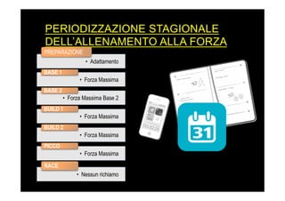 PERIODIZZAZIONE STAGIONALE
DELL’ALLENAMENTO ALLA FORZA
•  Adattamento
PREPARAZIONE
•  Forza Massima
BASE 1
•  Forza Massima Base 2
BASE 2
•  Forza Massima
BUILD 1
•  Forza Massima
BUILD 2
•  Forza Massima
PICCO
•  Nessun richiamo
RACE
 