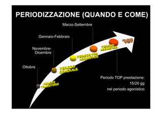 PERIODIZZAZIONE (QUANDO E COME)
Ottobre
Novembre-
Dicembre
Gennaio-Febbraio
Marzo-Settembre
Periodo TOP prestazione:
15/20 gg
nel periodo agonistico
 