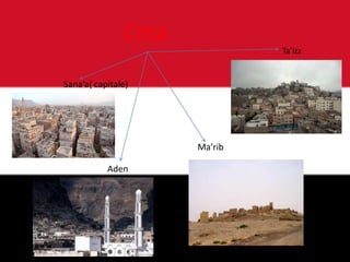 Città
Sana’a( capitale)
Aden
Ma’rib
Ta’izz
 