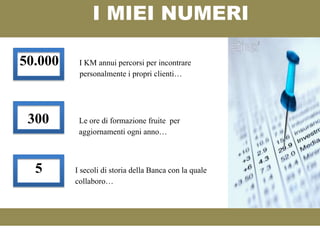 I MIEI NUMERI

50.000    I KM annui percorsi per incontrare
          personalmente i propri clienti…




 300      Le ore di formazione fruite per
          aggiornamenti ogni anno…



  5      I secoli di storia della Banca con la quale
         collaboro…
 