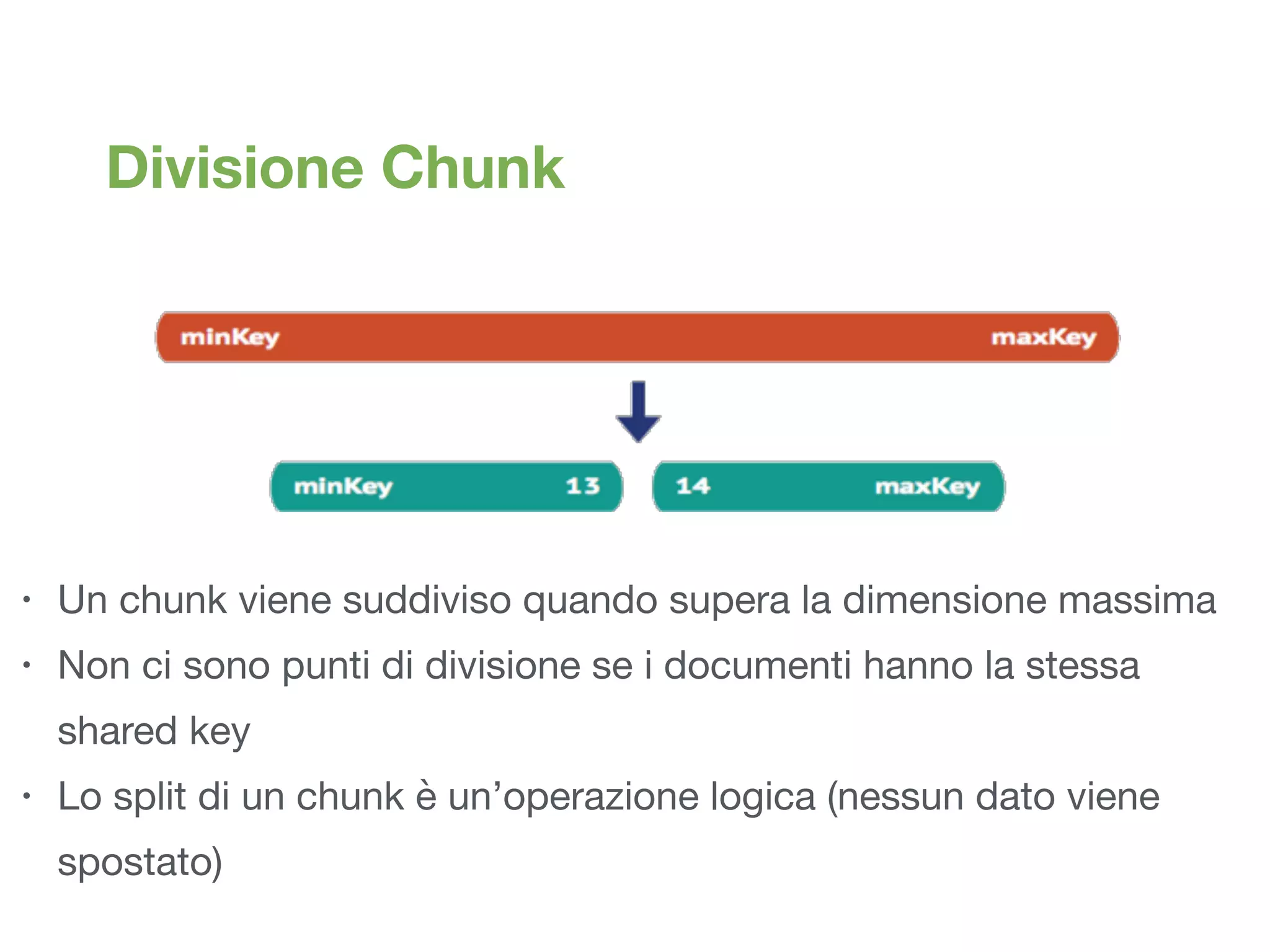 Divisione Chunk
• Un chunk viene suddiviso quando supera la dimensione massima

• Non ci sono punti di divisione se i documenti hanno la stessa
shared key

• Lo split di un chunk è un’operazione logica (nessun dato viene
spostato)
 