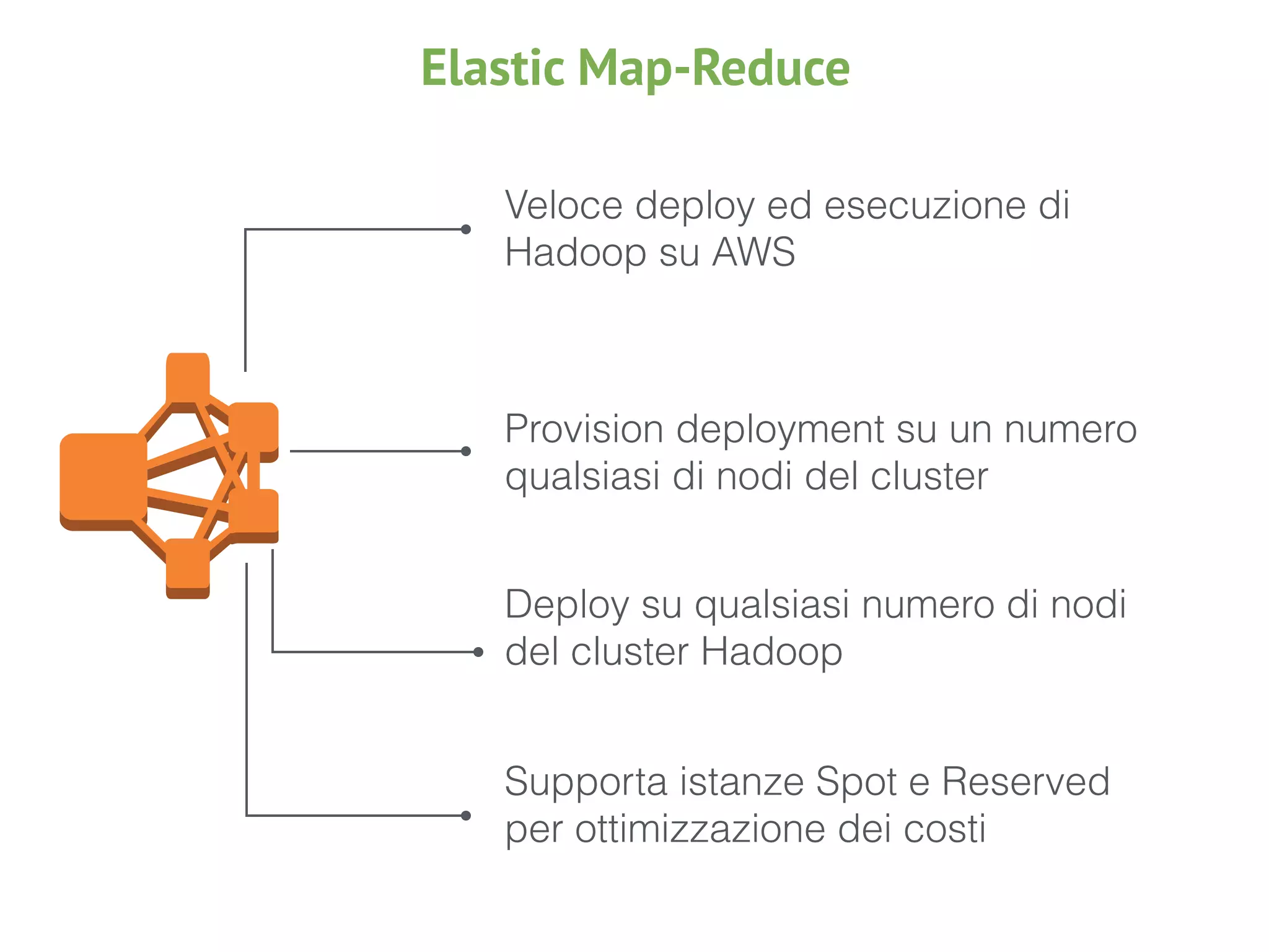 Elastic Map-Reduce
Veloce deploy ed esecuzione di  
Hadoop su AWS
Supporta istanze Spot e Reserved
per ottimizzazione dei costi
Deploy su qualsiasi numero di nodi
del cluster Hadoop
Provision deployment su un numero
qualsiasi di nodi del cluster
 