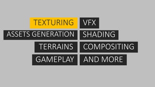 ASSETS GENERATION
TEXTURING
TERRAINS
GAMEPLAY
VFX
SHADING
COMPOSITING
AND MORE
 