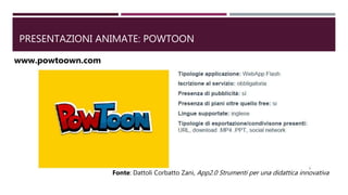 PRESENTAZIONI ANIMATE: POWTOON
www.powtoown.com
Fonte: Dattoli Corbatto Zani, App2.0 Strumenti per una didattica innovativa
 