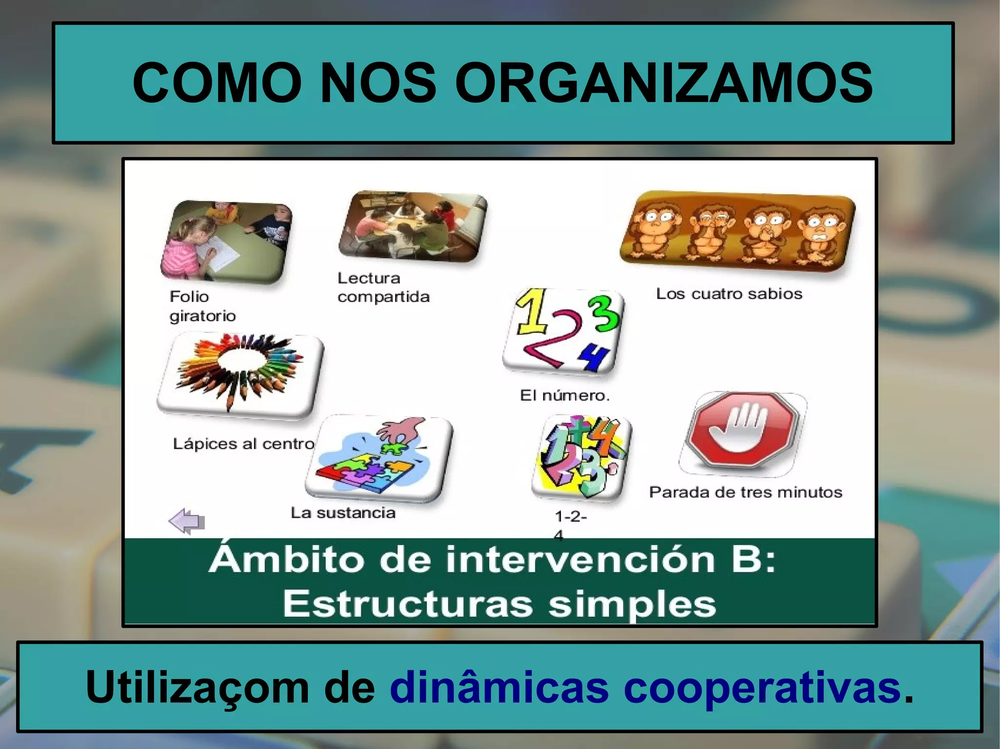 COMO NOS ORGANIZAMOS
Utilizaçom de dinâmicas cooperativas.
 