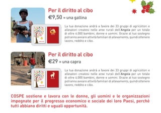 Per il diritto al cibo
                                                                                                                                                 e9,50 = una gallina
                                                                       cam
                                                                           bi
                                                                        climamenti




                                                                                                                                                                La tua donazione andrà a favore dei 33 gruppi di agricoltori e
                                                biod                         atici
                                                    iversi
                                                          tà



                                                                                                      83
                                                       lità                                         19
                                                  ltura al dirit



                                                                                                                                                                allevatori createsi nelle aree rurali dell’Angola per un totale
                                               rcu         lav to
                                           inte               or
                                                                 o

                                                                                                   diritto al cibo

                                             3
                                          198

                                                                                                                                                                di oltre 4.000 bambini, donne e uomini. Grazie al tuo sostegno
                                                                                         i
                                                                                      de
                                                                                  itto ini
                                                                                  i
                                                                               dir amb
                                                        dirit                    b
                                                     cittadi ti di
                                                            nanz
                                                                   a                          delldiritti
                                                                                                  e do
                                                                                                       nne                                        Buone Feste
                                                                             si
                                                                           ae



                                                                                                                                                                potranno avviare attività familiari di allevamento, quindi ottenere
                                                                         p
                                                                       31




                                                                                                                                                                lavoro, reddito e cibo.
                                                                                                   PER INFORMAZIONI E DONAZIONI
      PER INFORMAZIONI E DONAZIONI                                                                                   tel. 055 473556
      tel. 055 473556                                                                                      raccoltafondi@cospe-fi.it
      email: raccoltafondi@cospe-fi.it
      Cooperazione per lo Sviluppo
                                                                                                                    www.cospe.org
      dei Paesi Emergenti




      Cooperazione per lo Sviluppo
      dei Paesi Emergenti
                                         www.cospe.org                                  Buone Feste               Cooperazione per lo Sviluppo
                                                                                                                  dei Paesi Emergenti




                                                                                                                  Cooperazione per lo Sviluppo
                                                                                                                  dei Paesi Emergenti




                                                                                                                                                 Per il diritto al cibo
                                                                                                                                                 e29 = una capra
                                                                       cam
                                                                           bi
                                                                        climamenti




                                                                                                                                                                La tua donazione andrà a favore dei 33 gruppi di agricoltori e
                                                biod                         atici
                                                    iversi
                                                          tà



                                                                                                      83
                                                       lità                                         19
                                                  ltura al dirit



                                                                                                                                                                allevatori createsi nelle aree rurali dell’Angola per un totale
                                               rcu         lav to
                                           inte               or
                                                                 o

                                                                                                   diritto al cibo

                                             3
                                          198

                                                                                                                                                                di oltre 4.000 bambini, donne e uomini. Grazie al tuo sostegno
                                                                                          i
                                                                                       de
                                                                                   itto ini
                                                                                   i
                                                                                dir amb
                                                        dirit                     b
                                                     cittadi ti di
                                                            nanz
                                                                   a                          delldiritti
                                                                                                  e do
                                                                                                       nne                                        Buone Feste
                                                                               si
                                                                             ae



                                                                                                                                                                potranno avviare attività familiari di allevamento, quindi ottenere
                                                                          p
                                                                        31




                                                                                                                                                                lavoro, reddito e cibo.
                                                                                                   PER INFORMAZIONI E DONAZIONI
      PER INFORMAZIONI E DONAZIONI                                                                                   tel. 055 473556
      tel. 055 473556                                                                                      raccoltafondi@cospe-fi.it
      email: raccoltafondi@cospe-fi.it
      Cooperazione per lo Sviluppo
                                                                                                                    www.cospe.org
      dei Paesi Emergenti




      Cooperazione per lo Sviluppo
      dei Paesi Emergenti
                                         www.cospe.org                                   Buone Feste             Cooperazione per lo Sviluppo
                                                                                                                 dei Paesi Emergenti




                                                                                                                 Cooperazione per lo Sviluppo
                                                                                                                 dei Paesi Emergenti




COSPE sostiene e lavora con le donne, gli uomini e le organizzazioni	
impegnate per il progresso economico e sociale dei loro Paesi, perché
tutti abbiano diritti e uguali opportunità.
 