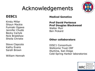 DISC1 Kirsty Millar Shaun Mackie Fumiaki Ogawa Jennifer Chubb Becky Carlyle Nick Bradshaw Sheila Christie Steve Clapcote Kathy Evans Sarah Brown William Hennah Medical Genetics Prof David Porteous Prof Douglas Blackwood Walter Muir Ben Pickard Other collaborators DISC1 Consortium Wellcome Trust CRF Illumina, San Diego Cold Spring Harbor laboratories Acknowledgements 