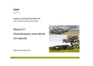 Programma di Sviluppo Rurale 2007 -2013
Asse 4 “Attuazione dell’approccio Leader”




Misura 311
Diversificazione verso attività
non agricole



Macomer 18 marzo 2011
 