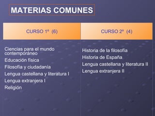 MATERIAS COMUNES

          CURSO 1º (6)                      CURSO 2º (4)


Ciencias para el mundo             Historia de la filosofía
contemporáneo
                                   Historia de España
Educación física
                                   Lengua castellana y literatura II
Filosofía y ciudadanía
                                   Lengua extranjera II
Lengua castellana y literatura I
Lengua extranjera I
Religión
 