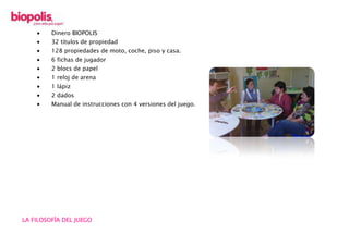 Dinero BIOPOLIS
32 títulos de propiedad
128 propiedades de moto, coche, piso y casa.
6 fichas de jugador
2 blocs de papel
1 reloj de arena
1 lápiz
2 dados
Manual de instrucciones con 4 versiones del juego.
LA FILOSOFÍA DEL JUEGO
 