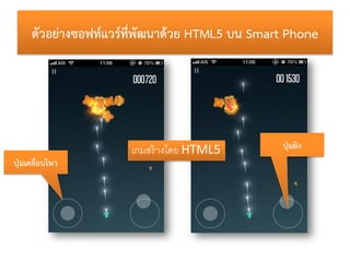 ตัวอย่ำงซอฟท์แวร์ที่พัฒนำด้วย HTML5 บน Smart Phone




                      เกมสร้ างโดย HTML5        ปุ่มยิง
ปุ่มเคลื่อน...