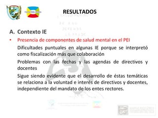 RESULTADOS   Contexto IE Presencia de componentes de salud mental en el PEI Dificultades puntuales en algunas IE porque se interpretó como fiscalización más que colaboración Problemas con las fechas y las agendas de directivos y docentes  Sigue siendo evidente que el desarrollo de éstas temáticas se relaciona a la voluntad e interés de directivos y docentes, independiente del mandato de los entes rectores. 