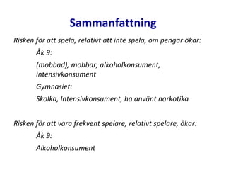Sammanfattning
Risken för att spela, relativt att inte spela, om pengar ökar:
Åk 9:
(mobbad), mobbar, alkoholkonsument,
intensivkonsument
Gymnasiet:
Skolka, Intensivkonsument, ha använt narkotika
Risken för att vara frekvent spelare, relativt spelare, ökar:
Åk 9:
Alkoholkonsument
 
