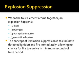  When the four elements come together, an
explosion happens :
 (1) Fuel
 (2) Oxygen
 (3) An ignition source
 (4) A confined space
 The concept of Explosion suppression is to eliminate
detected ignition and fire immediately, allowing no
chance for fire to survive in minimum seconds of
time period.
 