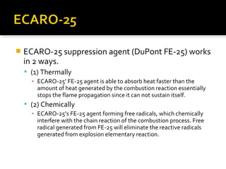  ECARO-25 suppression agent (DuPont FE-25) works
in 2 ways.
 (1) Thermally
▪ ECARO-25’ FE-25 agent is able to absorb heat faster than the
amount of heat generated by the combustion reaction essentially
stops the flame propagation since it can not sustain itself.
 (2) Chemically
▪ ECARO-25’s FE-25 agent forming free radicals, which chemically
interfere with the chain reaction of the combustion process. Free
radical generated from FE-25 will eliminate the reactive radicals
generated from explosion elementary reaction.
 