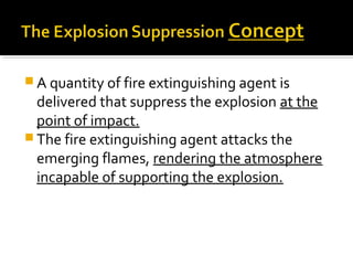  A quantity of fire extinguishing agent is
delivered that suppress the explosion at the
point of impact.
 The fire extinguishing agent attacks the
emerging flames, rendering the atmosphere
incapable of supporting the explosion.
 