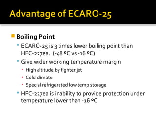  Boiling Point
 ECARO-25 is 3 times lower boiling point than
HFC-227ea. (-48 ºC vs -16 ºC)
 Give wider working temperature margin
▪ High altitude by fighter jet
▪ Cold climate
▪ Special refrigerated low temp storage
 HFC-227ea is inability to provide protection under
temperature lower than -16 ºC
 