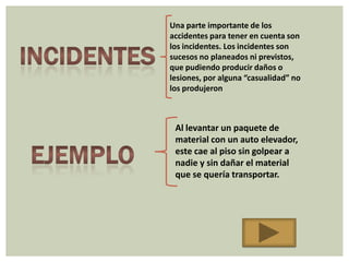 Una parte importante de los
accidentes para tener en cuenta son
los incidentes. Los incidentes son
sucesos no planeados ni previstos,
que pudiendo producir daños o
lesiones, por alguna “casualidad” no
los produjeron



 Al levantar un paquete de
 material con un auto elevador,
 este cae al piso sin golpear a
 nadie y sin dañar el material
 que se quería transportar.
 