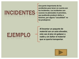 Una parte importante de los
accidentes para tener en cuenta son
los incidentes. Los incidentes son
sucesos no planeados ni previstos,
que pudiendo producir daños o
lesiones, por alguna “casualidad” no
los produjeron



 Al levantar un paquete de
 material con un auto elevador,
 este cae al piso sin golpear a
 nadie y sin dañar el material
 que se quería transportar.
 