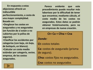 En respuesta a estas               Parece evidente que este
objeciones ofreció un                procedimiento puede resultar más
indiscutible                         laborioso por la dificultad de tener
perfeccionamiento, a costa de        que encontrar, mediante cálculo, el
una mayor complejidad.               costo medio de los costos no
Basado en:                           asegurados. Estos datos se podrán
•Desglosar los costos en             obtener históricamente, pero no
asegurados y no asegurados           en empresas de nueva creación.
(en función de si están o no
cubiertos por la póliza de                 Ct= Ca + Cfna + Cna
seguros).
•Clasificar los accidentes por    Donde:
categorías (con baja, sin baja,   Ct: costos totales
de botiquín, en blanco).
•Calcular un costo medio          Ca: costos de asegurado (prisma
estándar por categoría, sector,   de seguro).
empresa, de los costos
asegurados.                       Cfna: costos fijos no asegurados.
                                  Cna: costos no asegurados
 