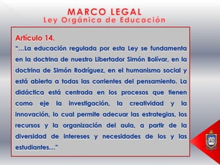 Artículo 14.
“…La educación regulada por esta Ley se fundamenta
en la doctrina de nuestro Libertador Simón Bolívar, en la
doctrina de Simón Rodríguez, en el humanismo social y
está abierta a todas las corrientes del pensamiento. La
didáctica está centrada en los procesos que tienen
como    eje    la   investigación,   la   creatividad   y   la
innovación, lo cual permite adecuar las estrategias, los
recursos y la organización del aula, a partir de la
diversidad de intereses y necesidades de los y las
estudiantes…”
 
