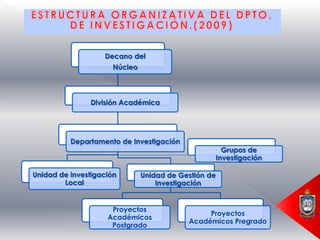 Decano del
                      Núcleo



               División Académica




          Departamento de Investigación
                                                        Grupos de
                                                      Investigación

Unidad de investigación        Unidad de Gestión de
        Local                      Investigación


                     Proyectos
                                                Proyectos
                    Académicos
                                           Académicos Pregrado
                     Postgrado
 