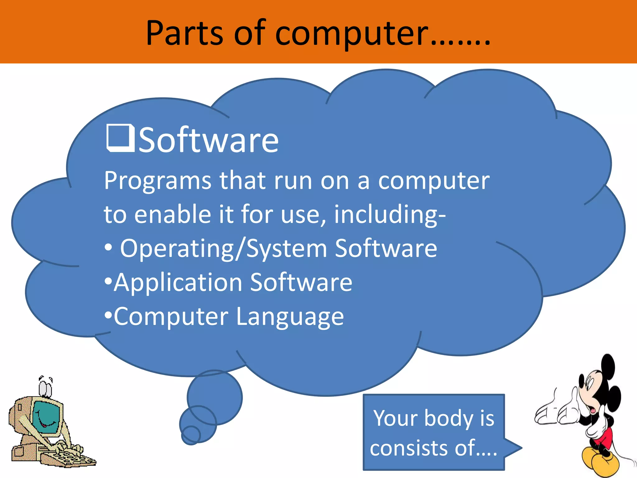 Parts of computer…….
Your body is
consists of….
Software
Programs that run on a computer
to enable it for use, including-
• Operating/System Software
•Application Software
•Computer Language
 
