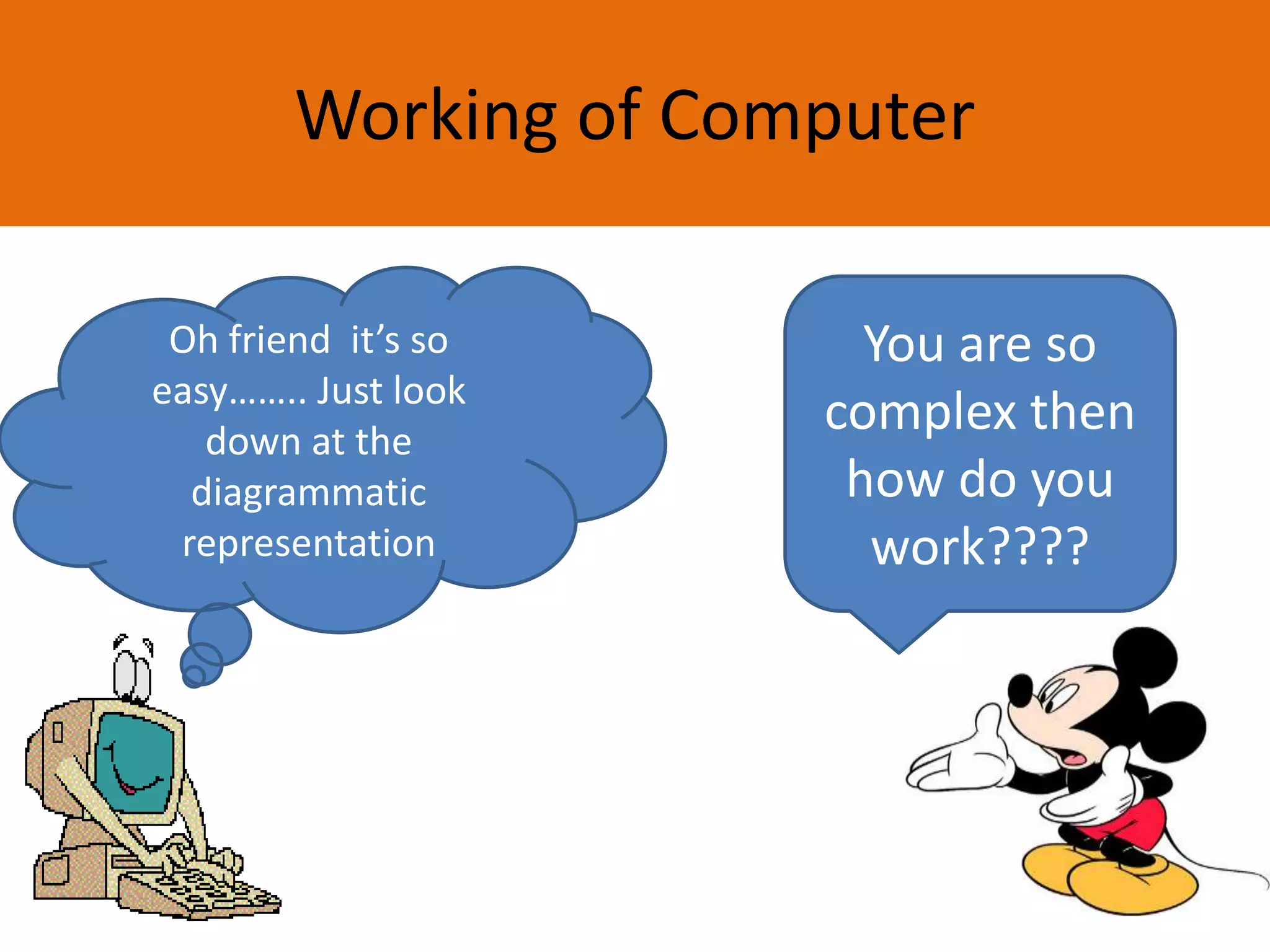 Working of Computer
You are so
complex then
how do you
work????
Oh friend it’s so
easy…….. Just look
down at the
diagrammatic
representation
 