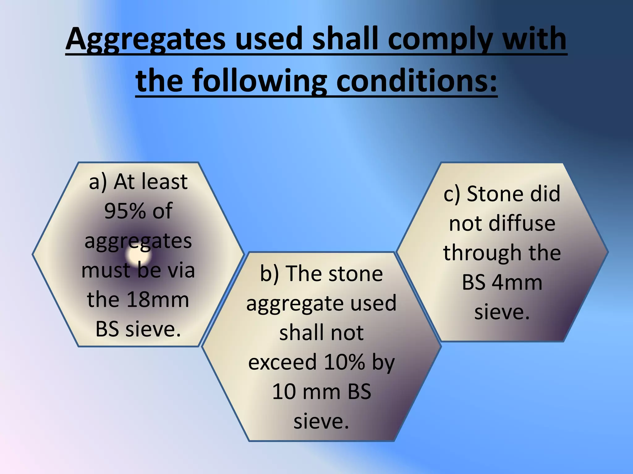 Aggregates used shall comply with
the following conditions:
a) At least
95% of
aggregates
must be via
the 18mm
BS sieve.
b) The stone
aggregate used
shall not
exceed 10% by
10 mm BS
sieve.
c) Stone did
not diffuse
through the
BS 4mm
sieve.
 
