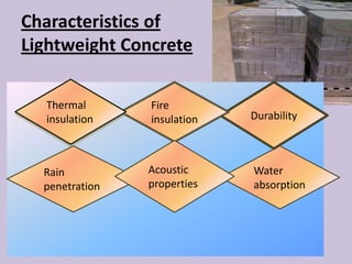 Characteristics of
Lightweight Concrete

  Thermal       Fire
  insulation    insulation   Durability



  Rain          Acoustic     Water
  penetration   properties   absorption
 