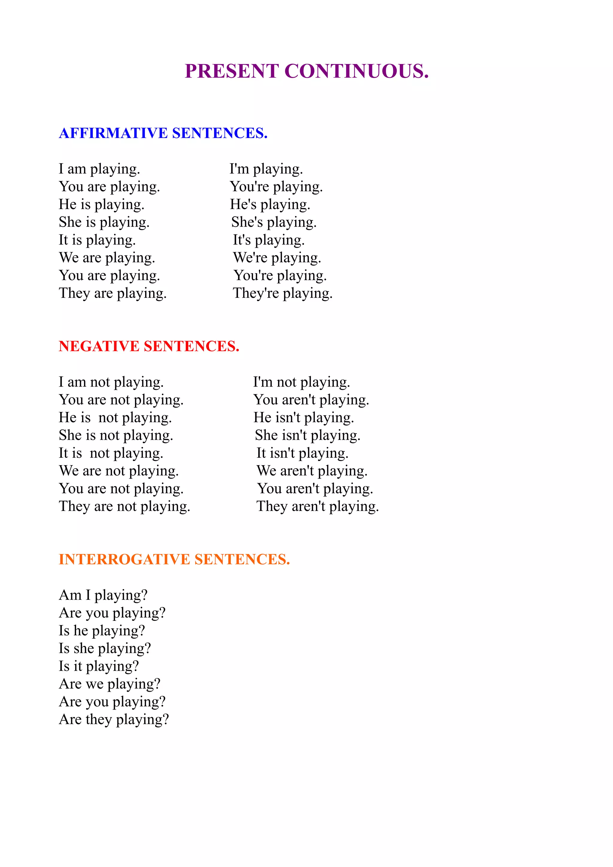 PRESENT CONTINUOUS.
AFFIRMATIVE SENTENCES.
I am playing. I'm playing.
You are playing. You're playing.
He is playing. He's playing.
She is playing. She's playing.
It is playing. It's playing.
We are playing. We're playing.
You are playing. You're playing.
They are playing. They're playing.
NEGATIVE SENTENCES.
I am not playing. I'm not playing.
You are not playing. You aren't playing.
He is not playing. He isn't playing.
She is not playing. She isn't playing.
It is not playing. It isn't playing.
We are not playing. We aren't playing.
You are not playing. You aren't playing.
They are not playing. They aren't playing.
INTERROGATIVE SENTENCES.
Am I playing?
Are you playing?
Is he playing?
Is she playing?
Is it playing?
Are we playing?
Are you playing?
Are they playing?