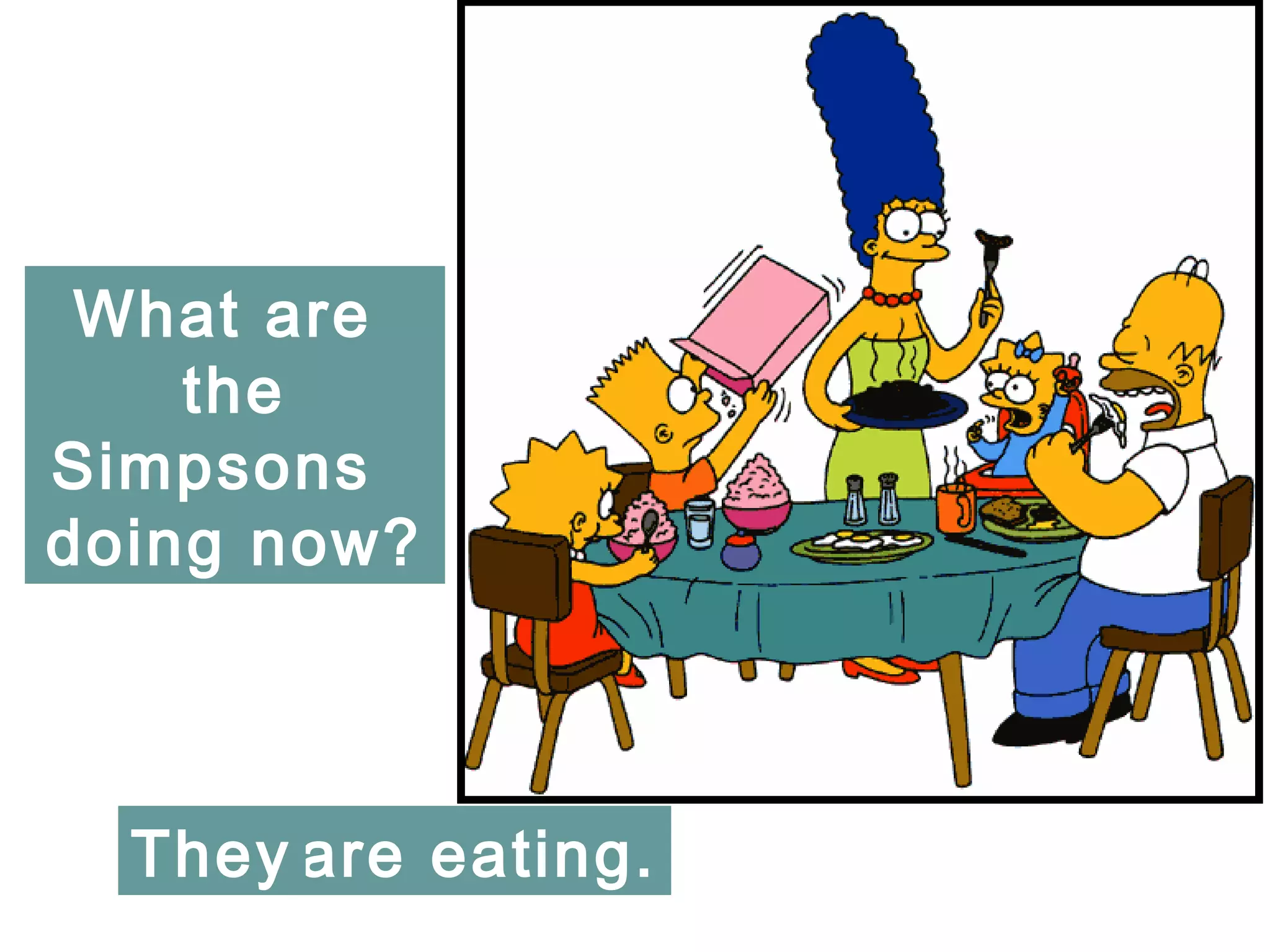 What are
    the
Simpsons
doing now?



  They are eating.
 